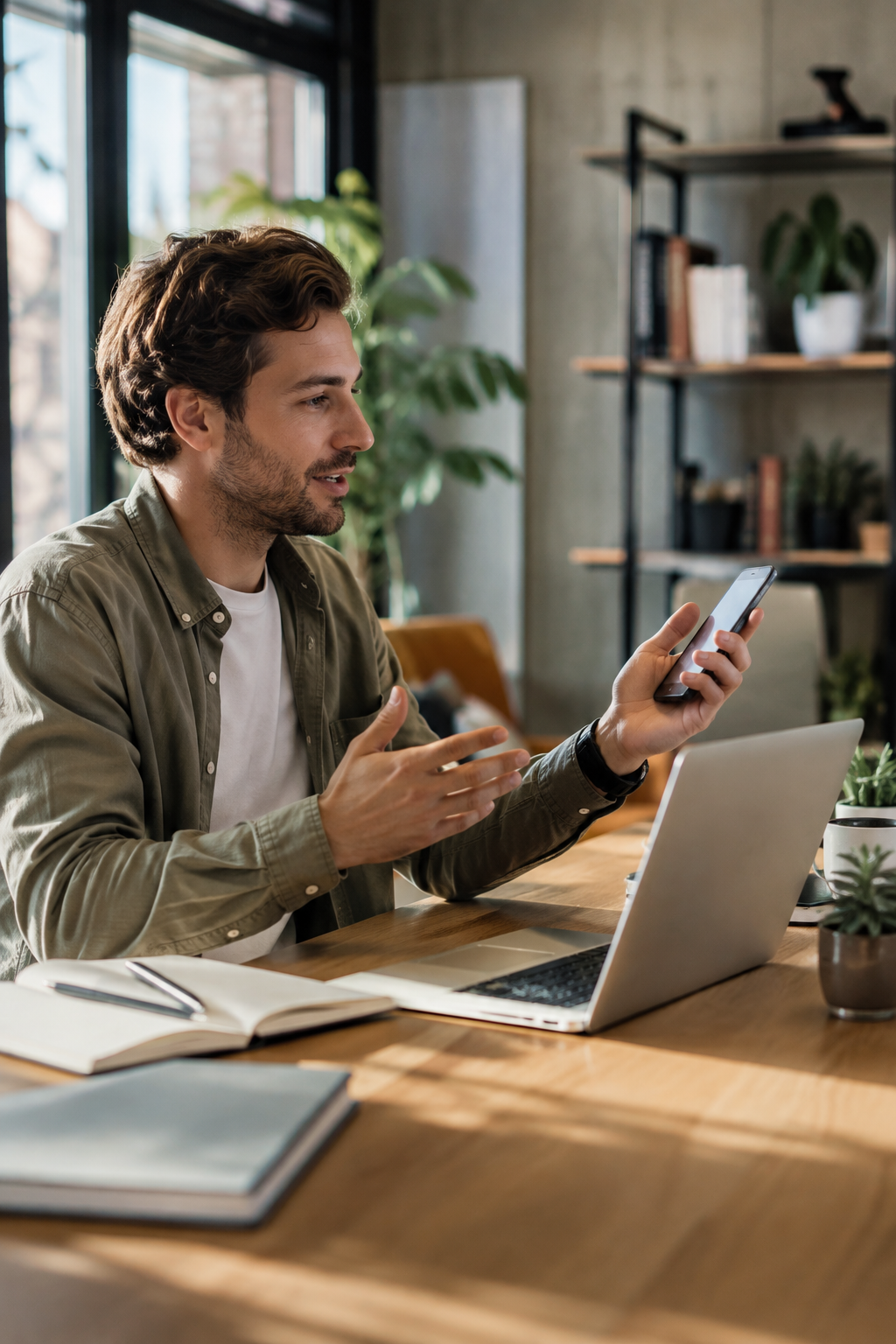 Homme en visio depuis un espace de travail lumineux, smartphone à la main et ordinateur portable ouvert devant lui