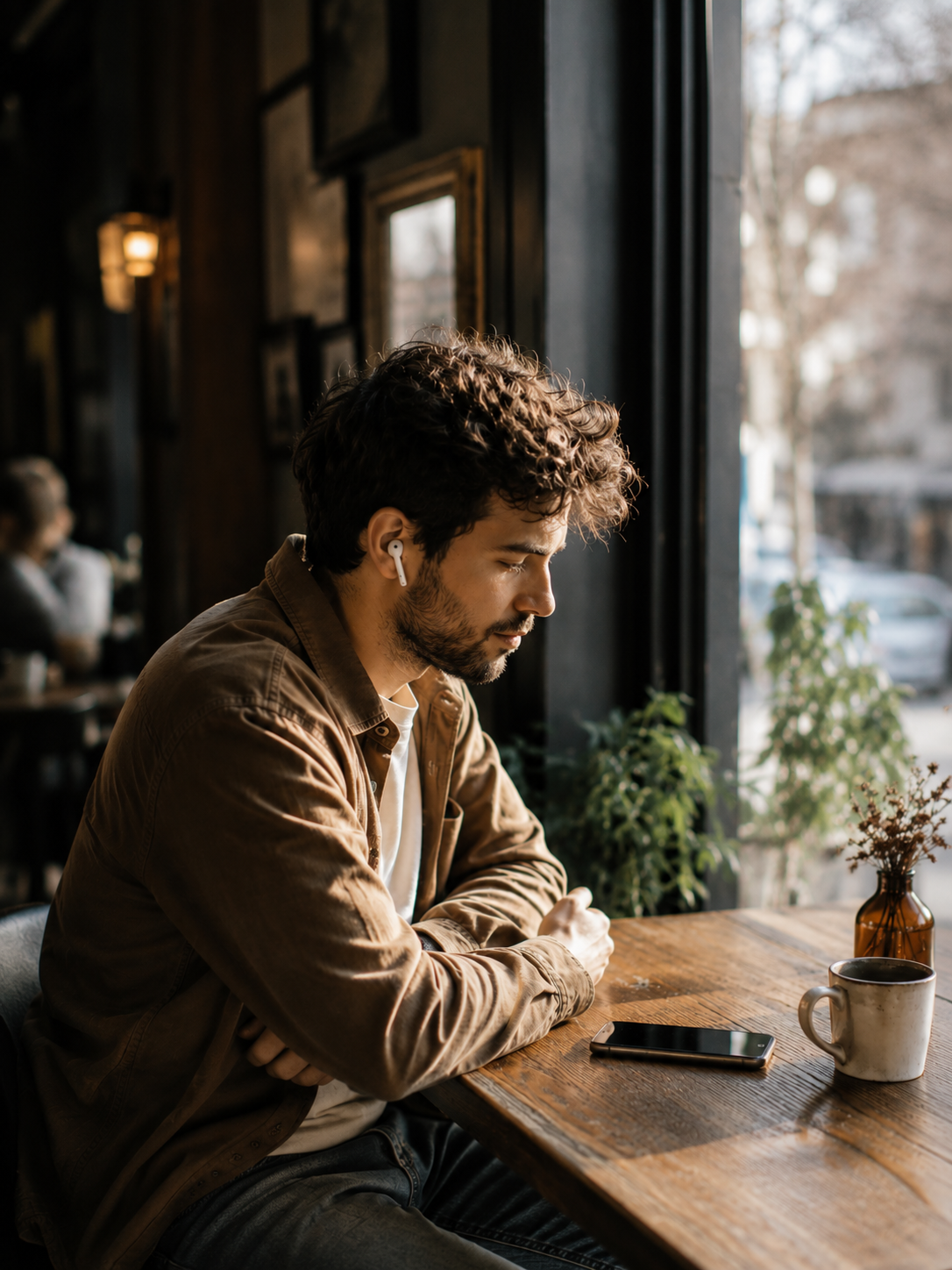 Homme assis dans un café, écouteurs aux oreilles, smartphone posé sur la table