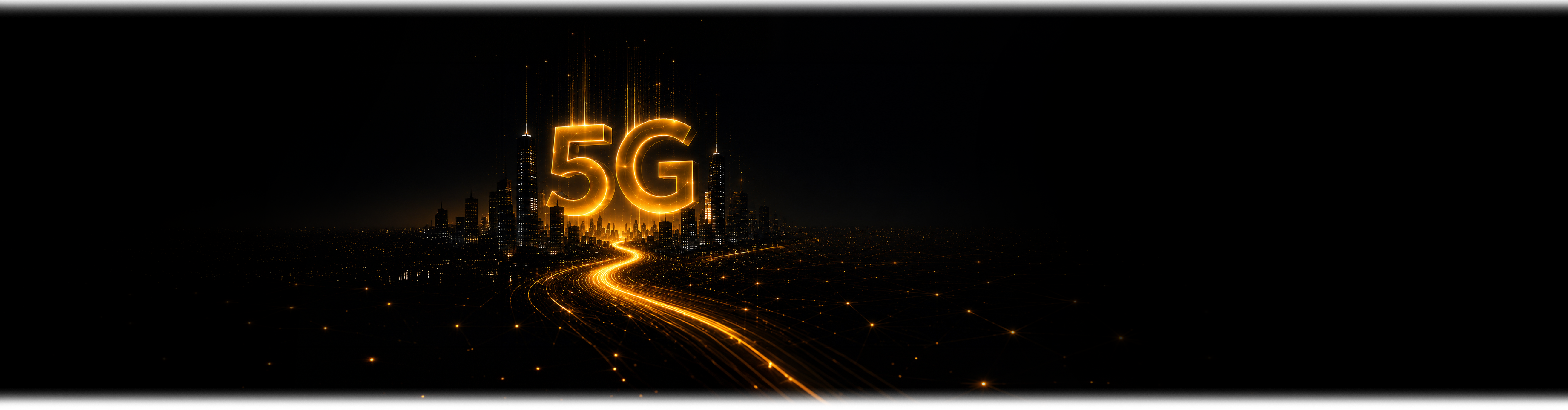 Le symbole 5G lumineux au-dessus d'une ville futuriste, avec une route lumineuse dorée qui s'étend vers un réseau de données