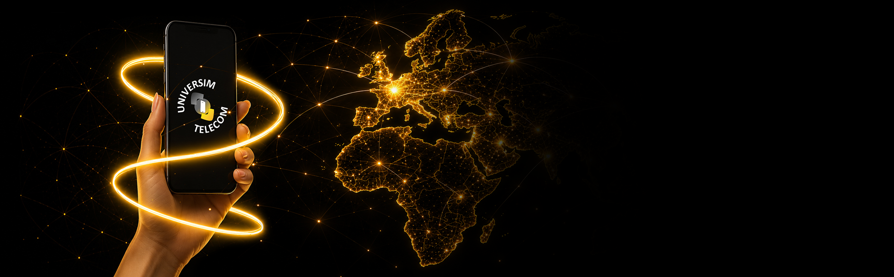 Main tenant un smartphone affichant le logo Universim Telecom, entourée d'un halo lumineux doré, avec la carte de couverture réseau en Europe en arrière-plan