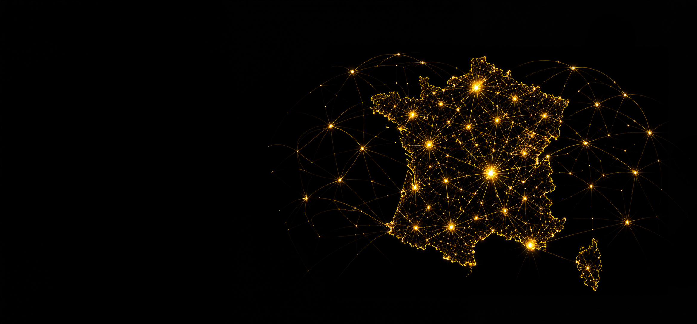 Carte de France lumineuse représentant le réseau Universim, avec des points de connexion reliés sur tout le territoire