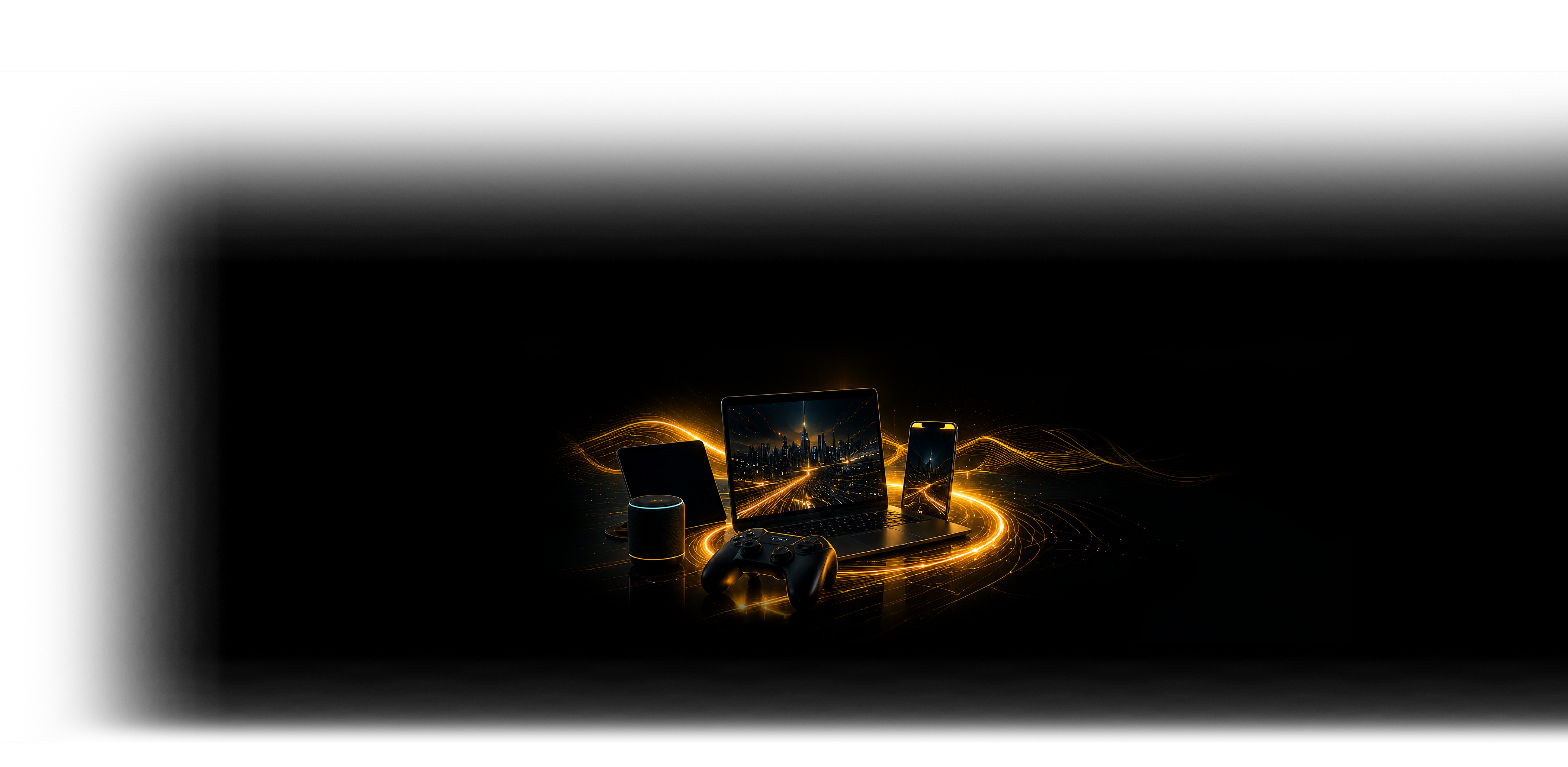 Un ordinateur portable, une tablette, une enceinte connectée, une manette de jeu et un smartphone entourés de traînées lumineuses dorées
