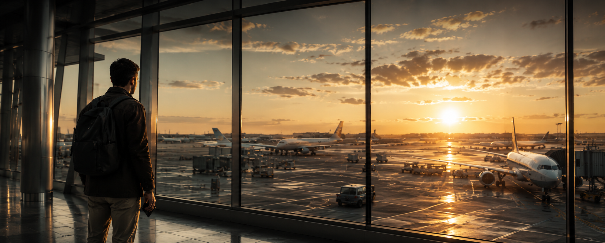 Voyageur de dos devant une grande baie vitrée d'aéroport, avions et coucher de soleil en arrière-plan
