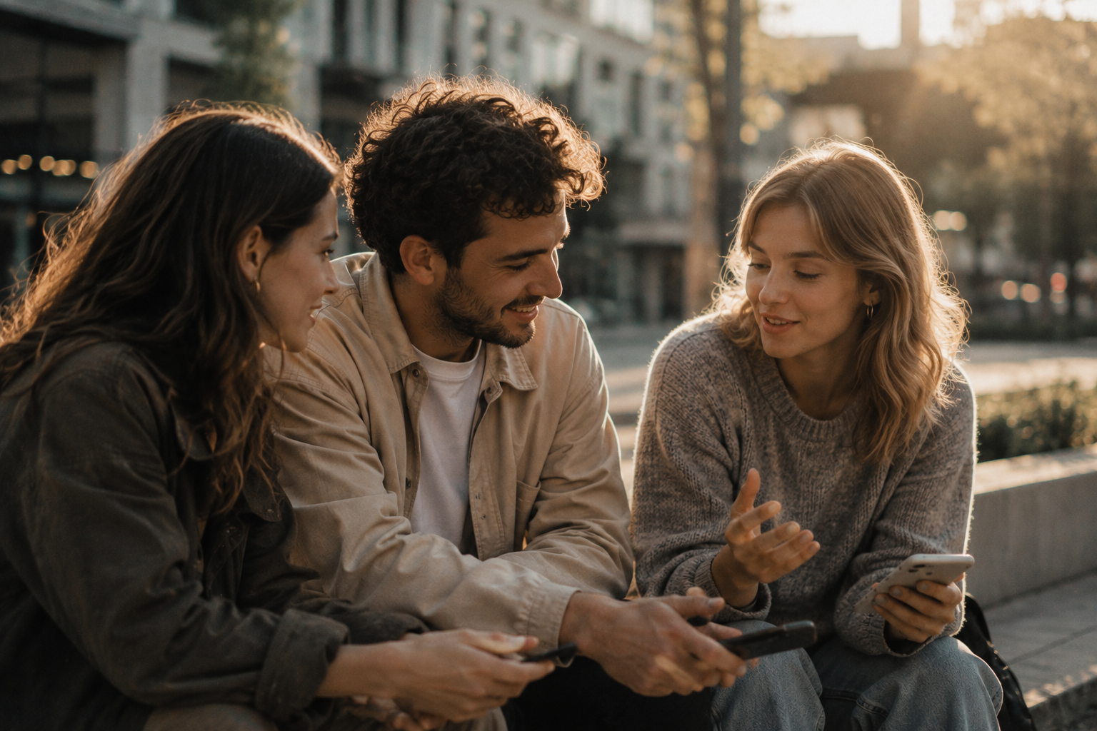 Trois amis assis côte à côte en extérieur urbain, discussion naturelle, téléphones à la main